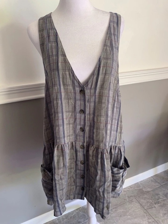 Free People Dresses & Skirts - Free People Plaid Button-Front Sleeveless Tunic Dress in Gray